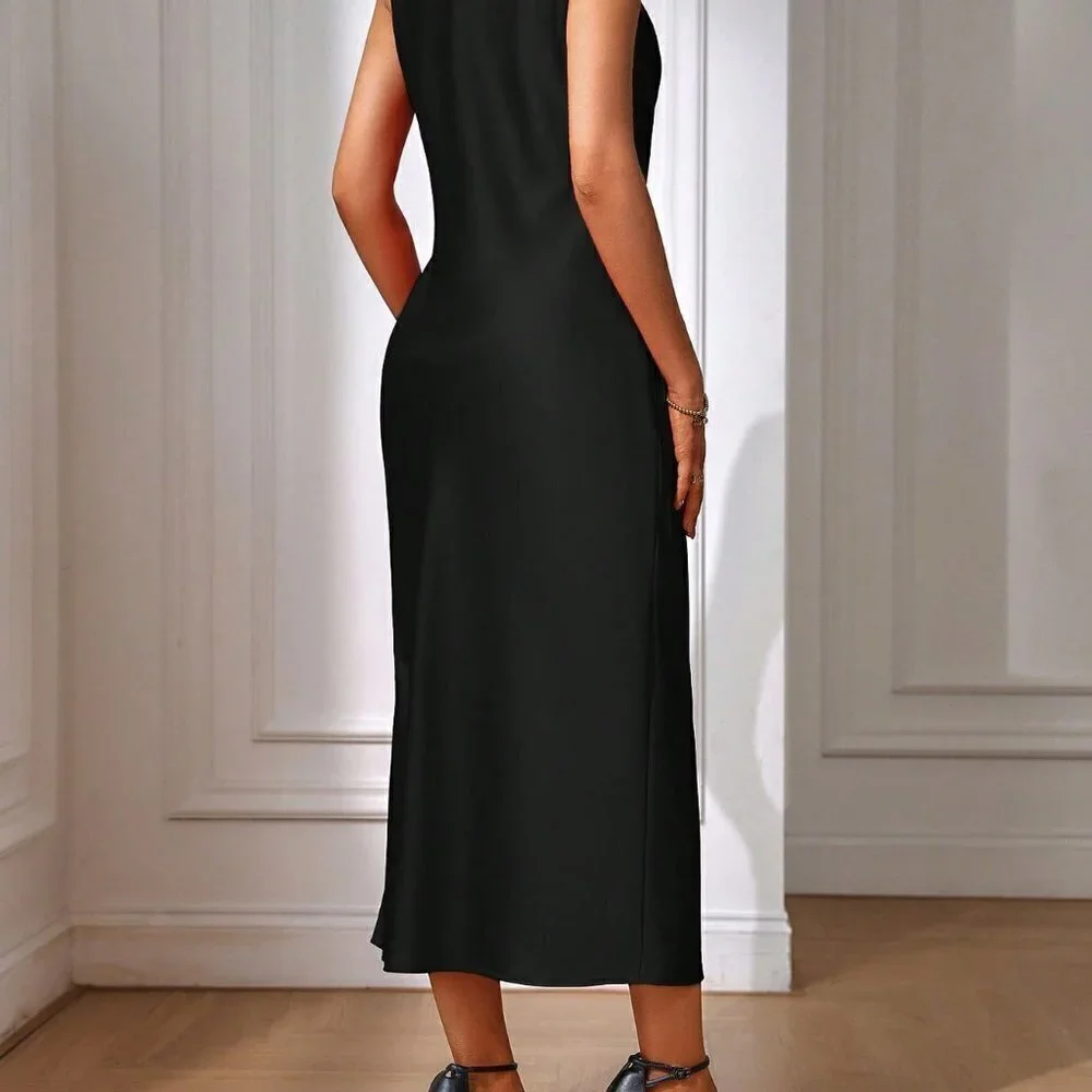 Black Preppy Womens Solid Split Thigh Dress